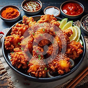 Korean Fried Chicken, Crispy and often double-fried chicken coated in a flavorful sauce, such as soy garlic or spicy gochujang