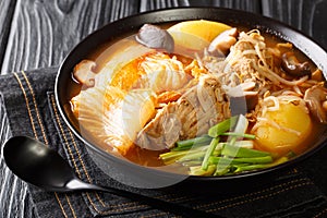 Korean Gamjatang is a spicy hearty stew made with pork bones close up in the bowl. Horizontal