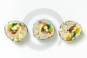 Korean gimbap rolls isolated on white background top view photo