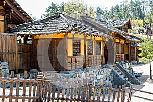 Korean Historic film-set wooden timber building on stone base