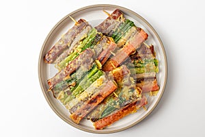 Korean holiday food skewers Jeon on white background