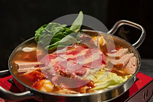 Korean hot pot, Ramyeon and Tteokbokki in Kimchi soup