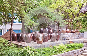 Korean jars Onggi in Namsangol Hanok Village of Seoul, Korea photo