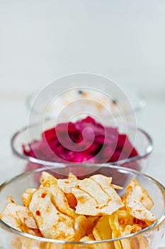 Korean kimchi cabbage, beet sauerkraut and sauerkraut in glass bowl. Probiotics food concept