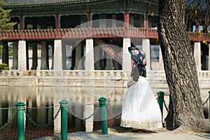 Korean lady in hanbok dress walk
