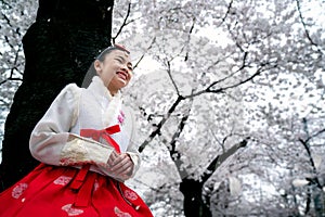 Korean lady in Hanbok dress in white cherry blossom pack