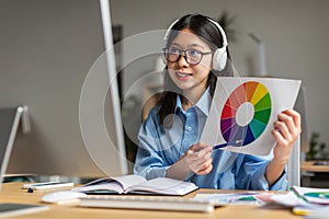 Korean Lady Video Calling Showing Color Palette To Computer Indoor