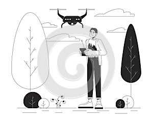 Korean man with drone in park black and white cartoon flat illustration