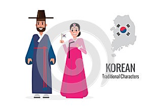 Korean man and woman in traditional costume. Korea map and flag