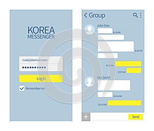 Korean messenger. Kakao talk interface with chat boxes and icons vector message template