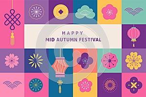 Korean Mid Autumn Festival - Chuseok. Mooncakes, lanterns and flowers, flat geometric style background and poster photo