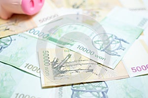 Korean money and piggy bank : finance and economy concept