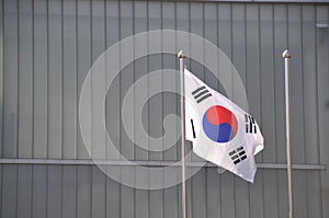 Korean National flag Taegeukgi flies in front of the building in the park in Autumn