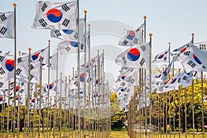 Korean national flags at The Independence Hall of Korea in Cheonan, Korea