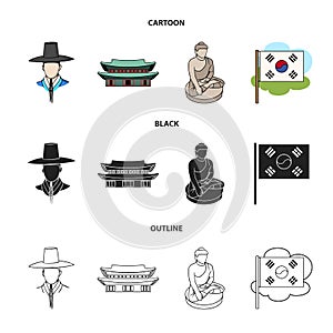 Korean in national headdress, Korean monastery, Buddha figurine, national flag. South Korea set collection icons in