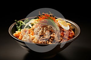 The korean noodle bowl with egg, meat and vegetables, asian food.