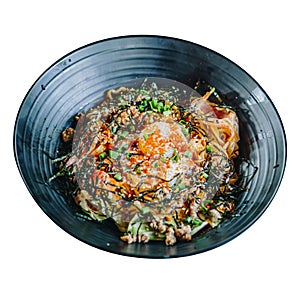 Korean Onsen egg noodles in a black plate