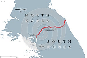 Korean Peninsula, Demilitarized Zone Area, gray political map photo