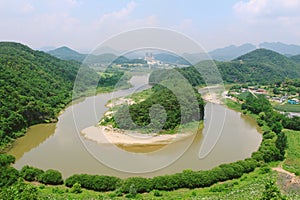 Korean Peninsula-shaped Cliffs Hanbando Wetland and river at Seonam Village in Yeongwol, Gangwon-do, Korea