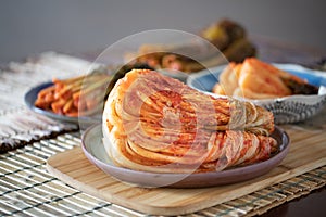 Korean Pogikimchi, seasoned Kimchi made with whole heads of Napa cabbage, called Gimjang Kimchi