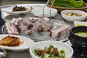 Korean Pork barbeque with kimchi apetizer side dish