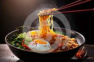 Korean ramen soup, featuring spicy noodles and traditional chopsticks. Perfect for lovers of Asian cuisine