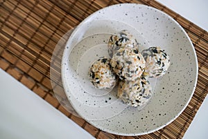 Korean rice ball called `Chu Mok Bab`ì£¼ë¨¹ë°¥. top view