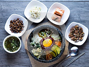 Korean rice mis with vegetables and egg with korean sauce