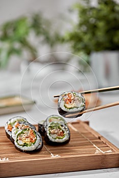 Korean roll Gimbapkimbob made from steamed white rice bap and various other ingredients