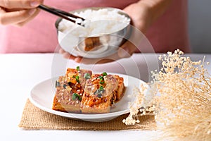 Korean side dish, spicy braised tofu Dubu Jorim