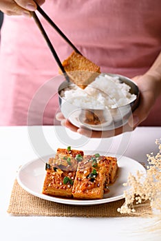 Korean side dish, spicy braised tofu Dubu Jorim with rice