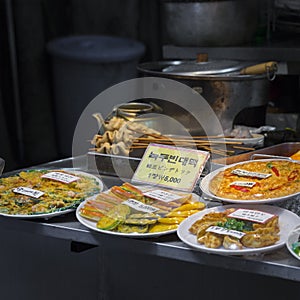 Korean side dishes at local market in Seoul, South Korea.