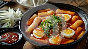 Korean spicy rice cakes with boiled eggs in a black bowl. Traditional Korean dish Tteokbokki photo