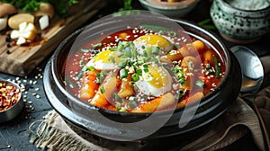 Korean spicy rice cakes with boiled eggs in a black bowl. Traditional Korean dish Tteokbokki photo