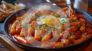 Korean spicy rice cakes with boiled eggs in a black bowl. Traditional Korean dish Tteokbokki photo