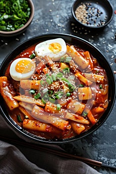 Korean spicy rice cakes (tteokbokki) with boiled eggs and spring onions in a black bowl photo