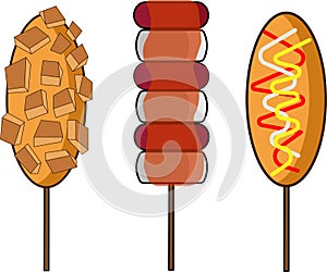 korean street food (French fry corn dog, so-tteok, corn dog)