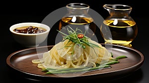 Korean-Style Noodle Dish with Fresh Herbs and Spice Jars - Asian Cuisine Concept