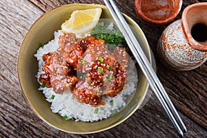 Korean style spicy crispy chicken and rice.