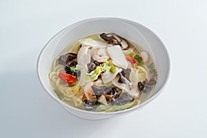 Korean style spicy white noodle soup with seafood \'hayan jjamppong\'