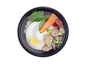 korean take out food in microwaveable container isolated on white background