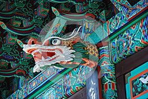 Korean temple detail, dragon wood sculpture