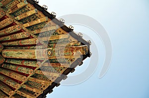 Carved and painted roof details of Bulguksa Temple, Gyeongju, South Korea photo