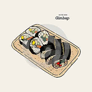 Korean traditional dish gimbap. Korean sushi. Vector hand drawn illustration. photo