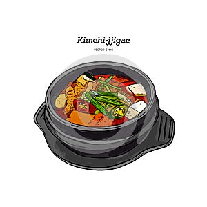 Korean traditional Kimchi soup in a clay pot , Hand draw sketch vector photo