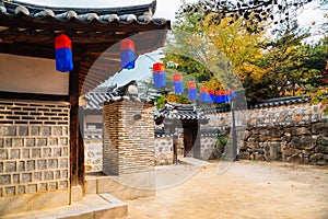 Namsangol Hanok Village, Korean traditional house at autumn in Seoul photo