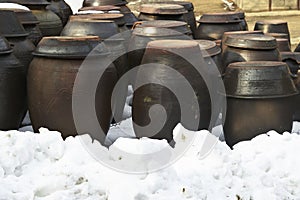 Korean traditional kimchi jars in winter