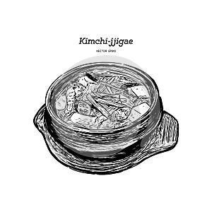 Korean traditional Kimchi soup in a clay pot , Hand draw sketch vector
