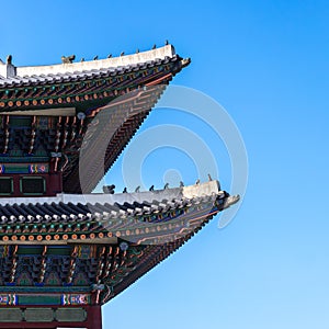 Korean traditional roof. Gyeongbokgung Palace. Seoul, South Korea