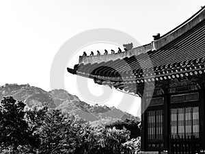 Korean traditional roof. Gyeongbokgung Palace. Seoul, South Korea